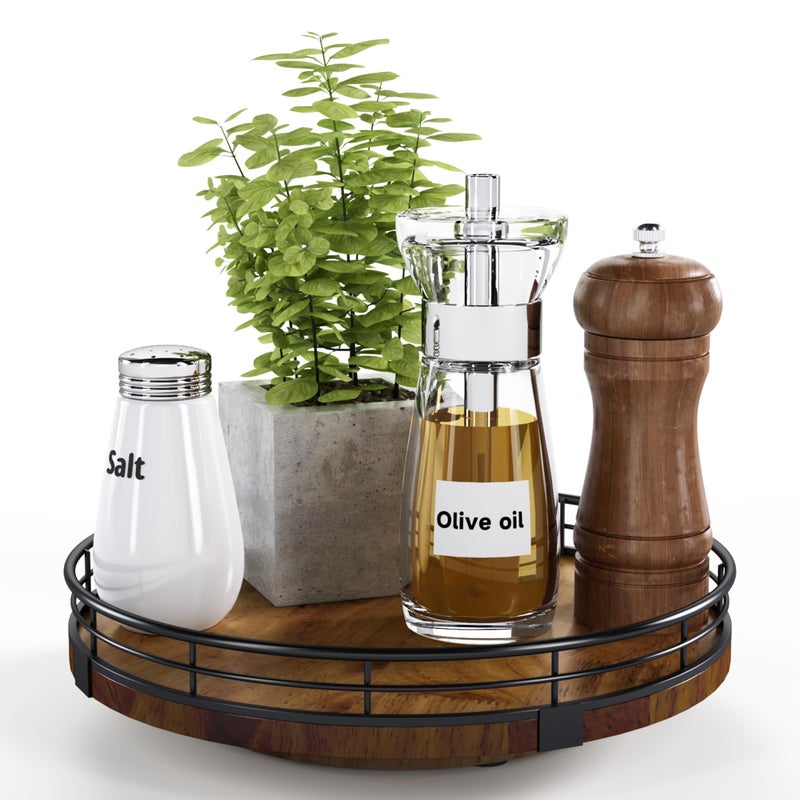 AMH Farmhouse Oak 9"" Lazy Susan Turntable Organizer for Cabinet, Round Wooden Lazy Susan Organization and Storage for Dining Table, Pantry, Kitchen, Countertop, Cupboard,Home Decor, Walnut Wood - Image 1